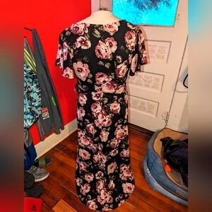 By & By Womens High Low Floral Wrap Front Dress Black Short Sleeve